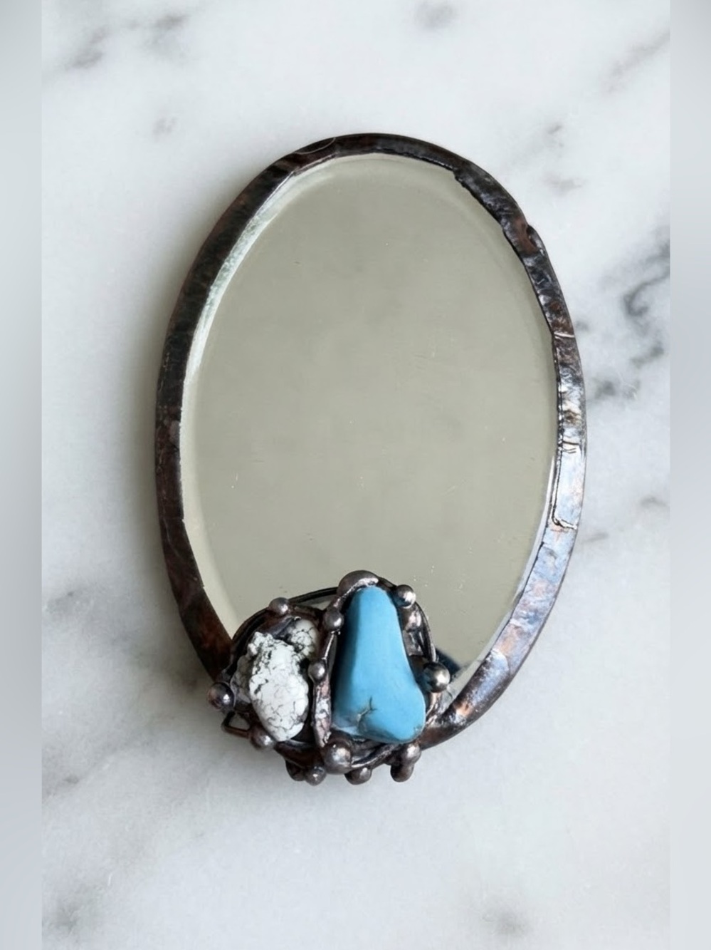 Vintage Style Slag Glass Pocket Mirror with Turquoise & Howlite Stone Accents,